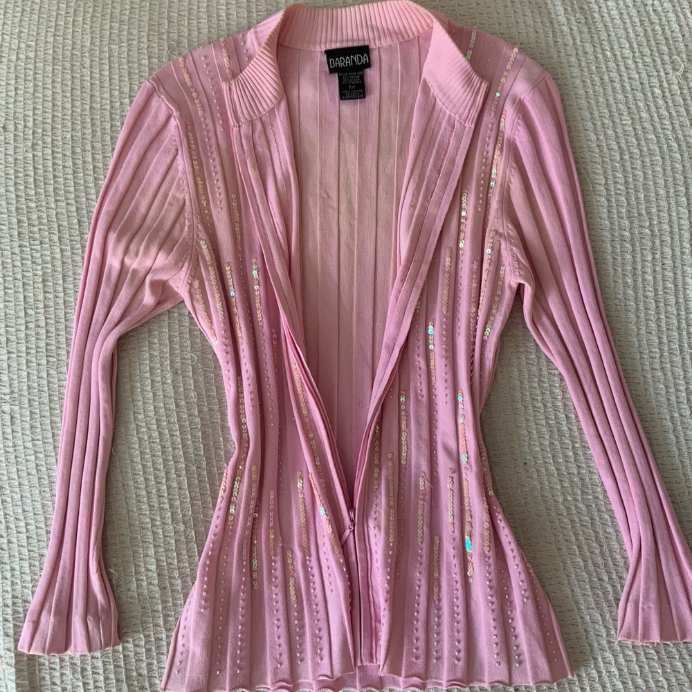 Vintage Baranda Pink Y2K Sequin Ribbed Zip Up Cardigan Shirt Jacket Top 2000s